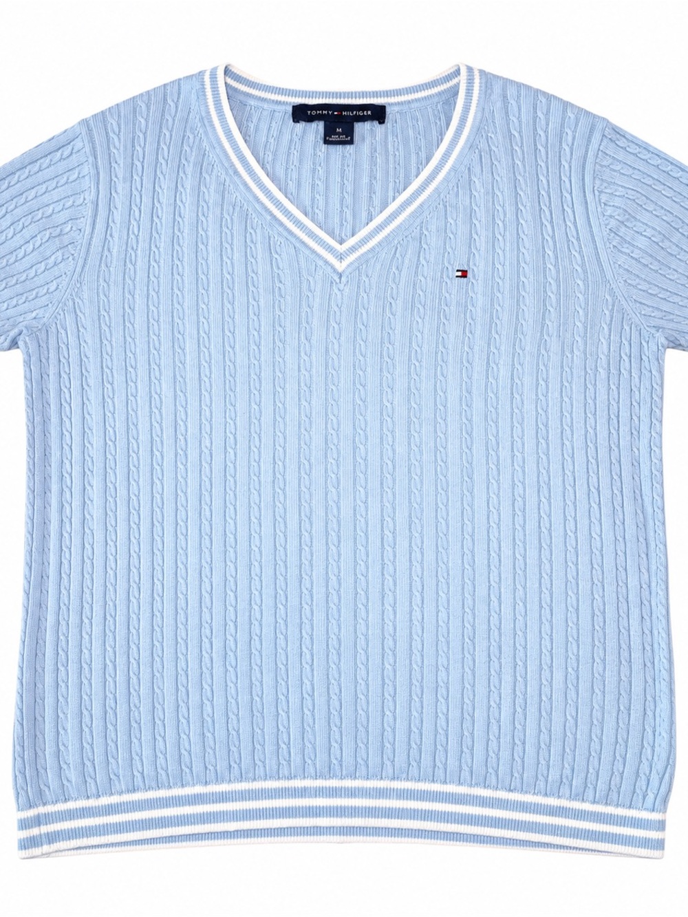 Tommy Hilfiger  Light Blue Cable Knit V-Neck Sweater with White Trim